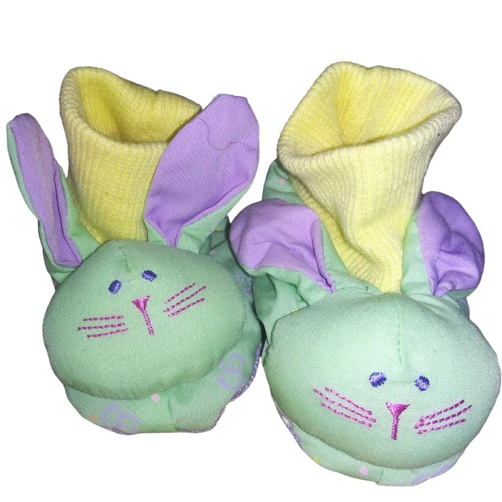 VTG AVON Baby Bunny Slippers Size 6-12 Months Green Rabbit Purple Bunny Ears